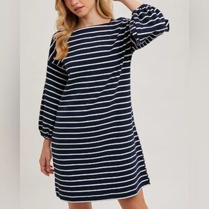 Bluivy Navy and White Striped Long Sleeve Dress